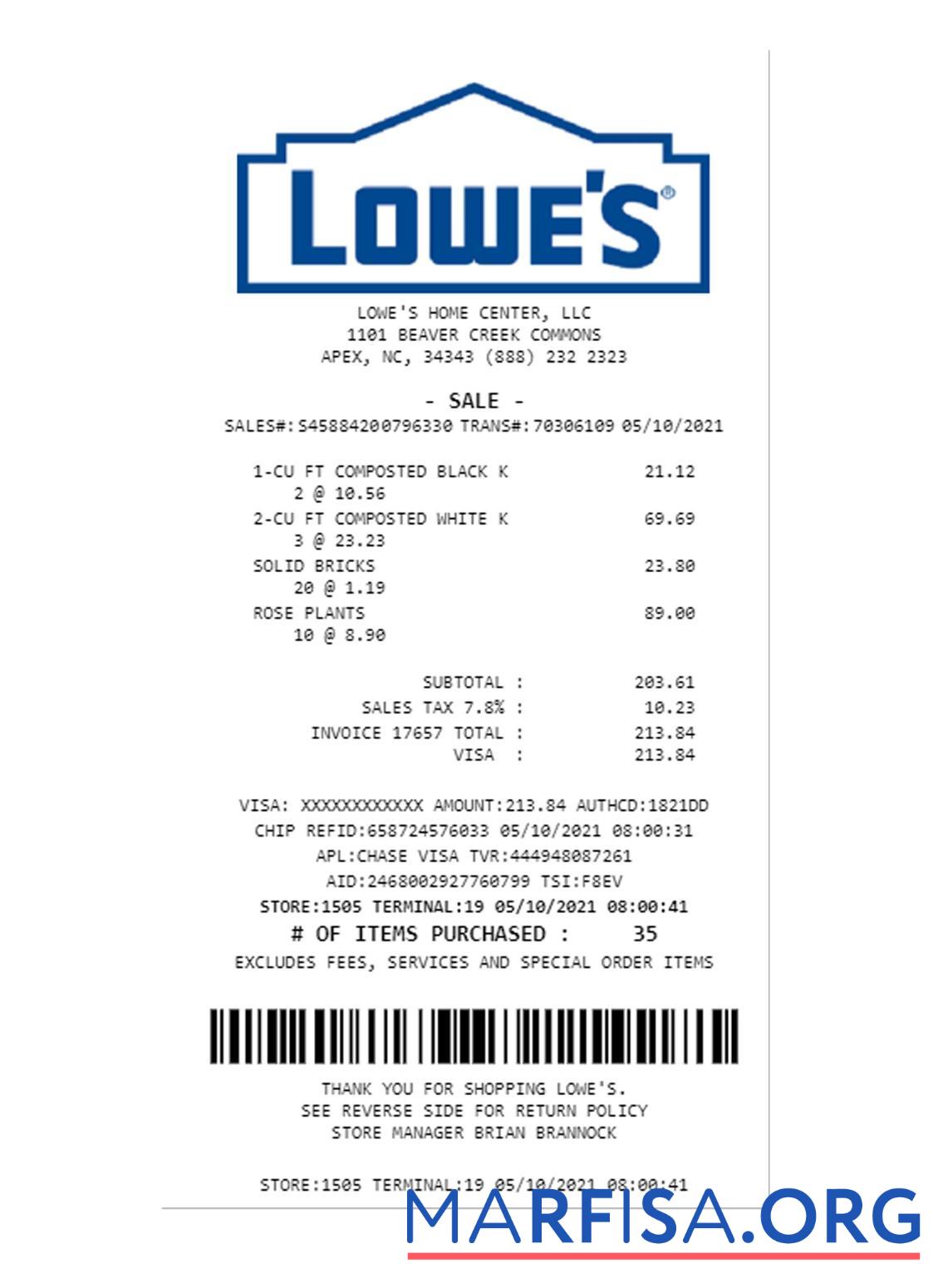 Realistic LOWE'S payment receipt template